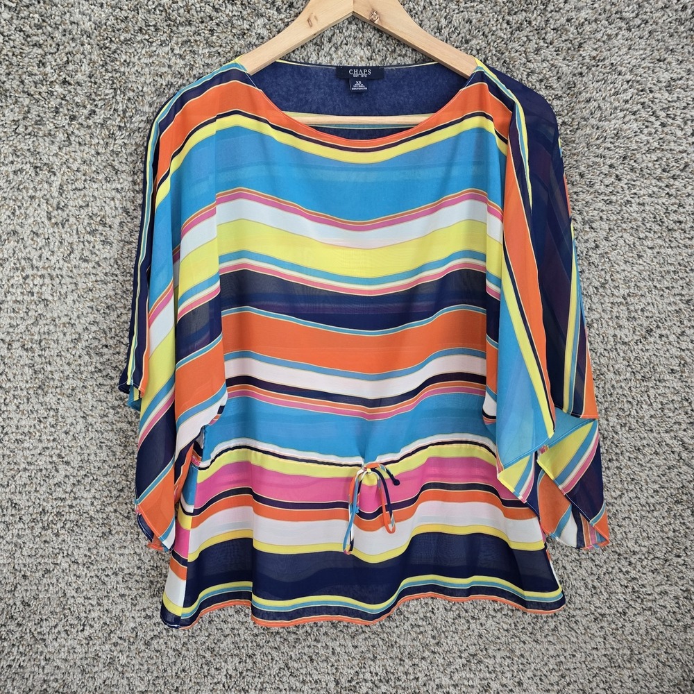 Chaps Top Womens XS‎ Blue Striped Sheer Blouse Oversized Fit Casual Ladies